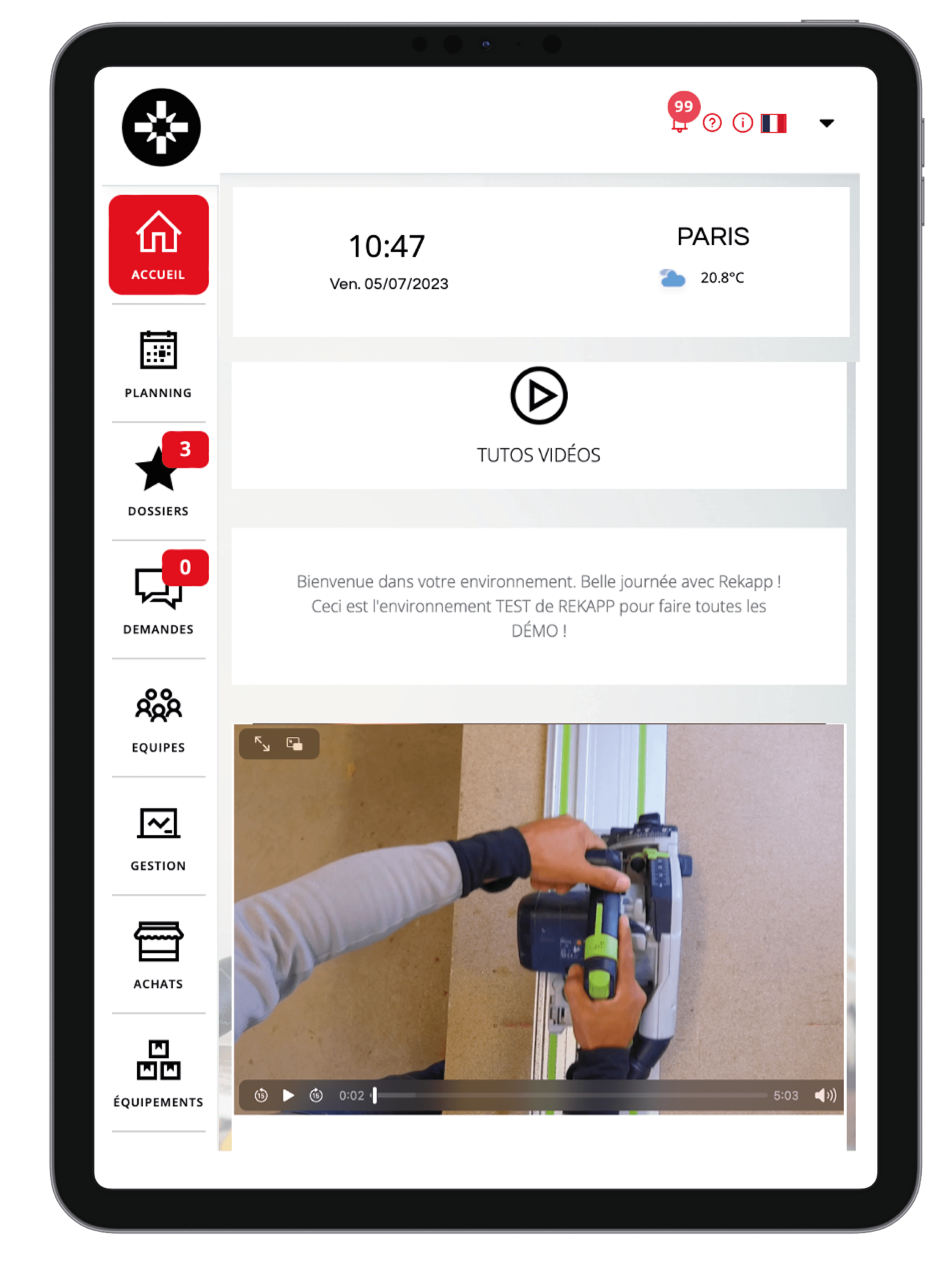 Accueil de Rekapp sur tablette