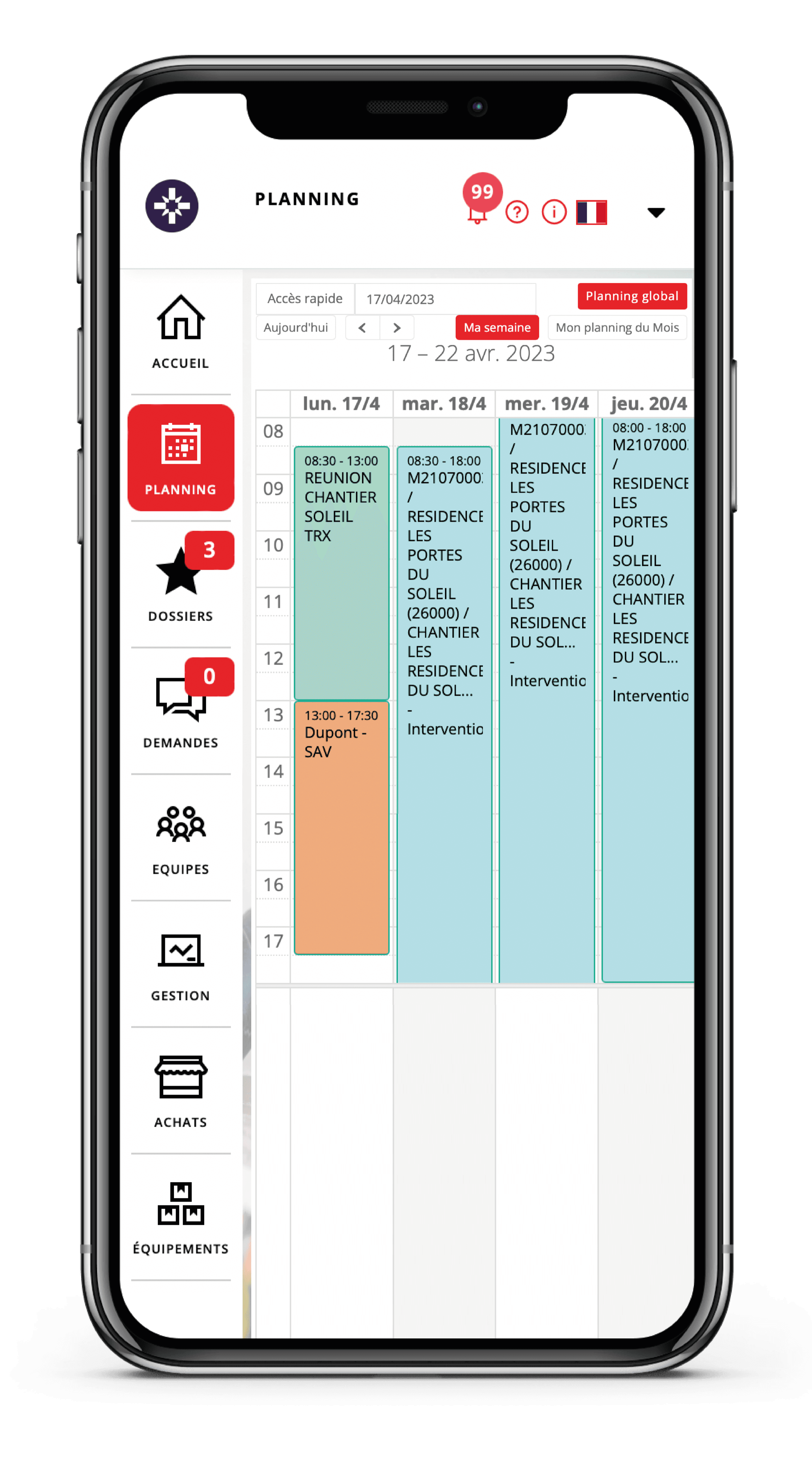 Planning Rekapp sur smartphone